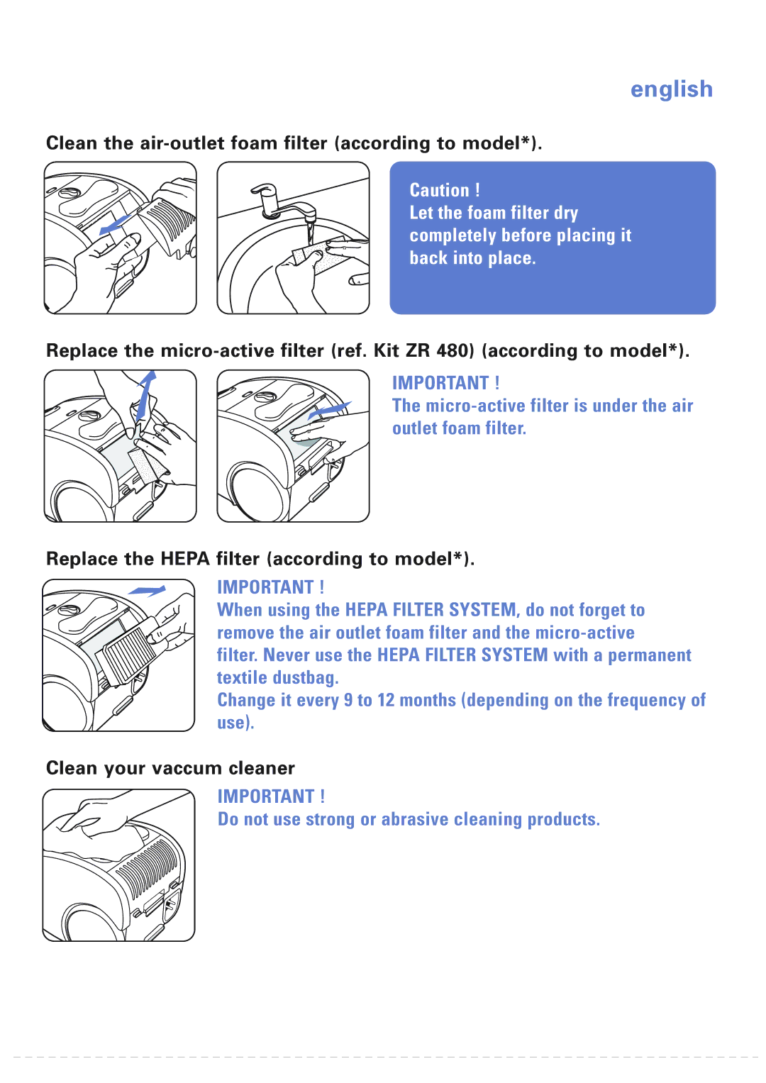 Rowenta 566270 manual Clean the air-outlet foam filter according to model, Replace the Hepa filter according to model 