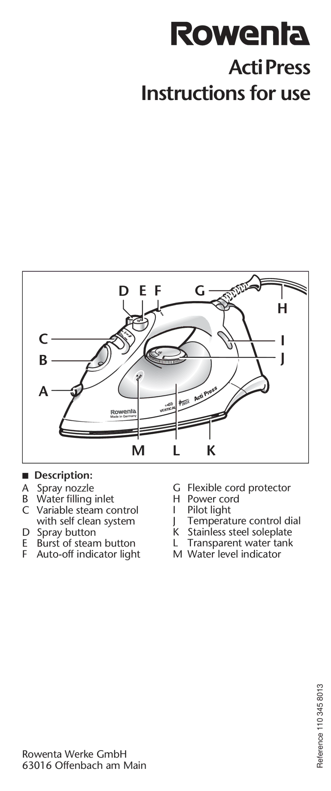 Rowenta 63016 manual ActiPress Instructions for use, Description 