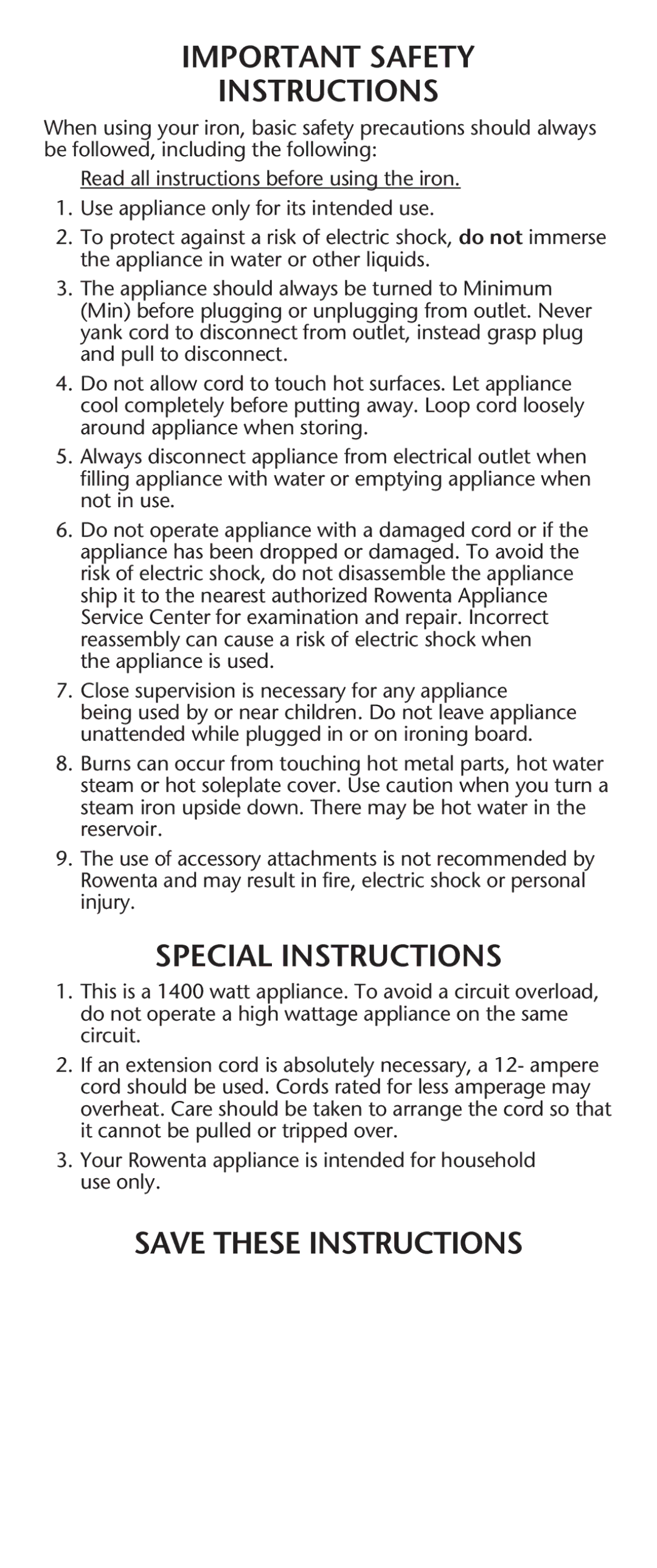 Rowenta 63016 manual Important Safety Instructions 