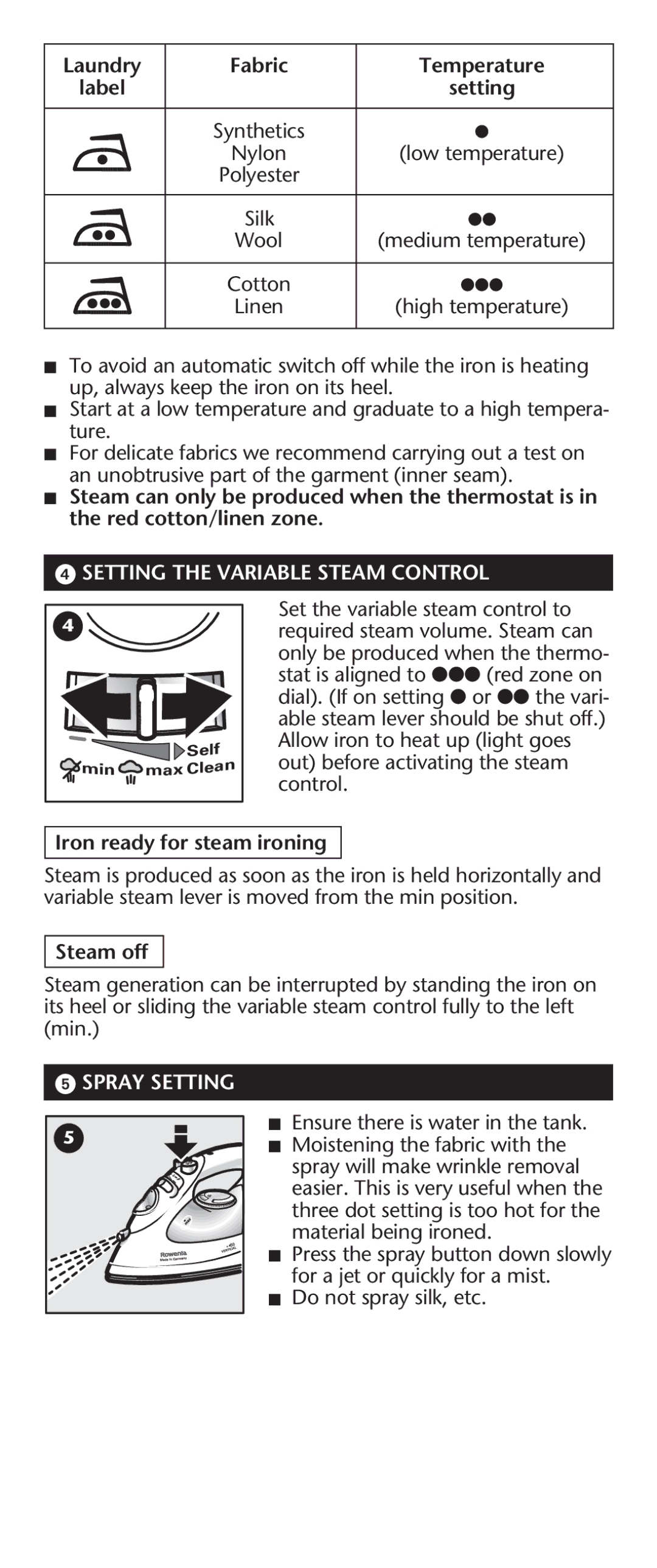 Rowenta 63016 Laundry Fabric Temperature, Setting the Variable Steam Control, Iron ready for steam ironing, Steam off 