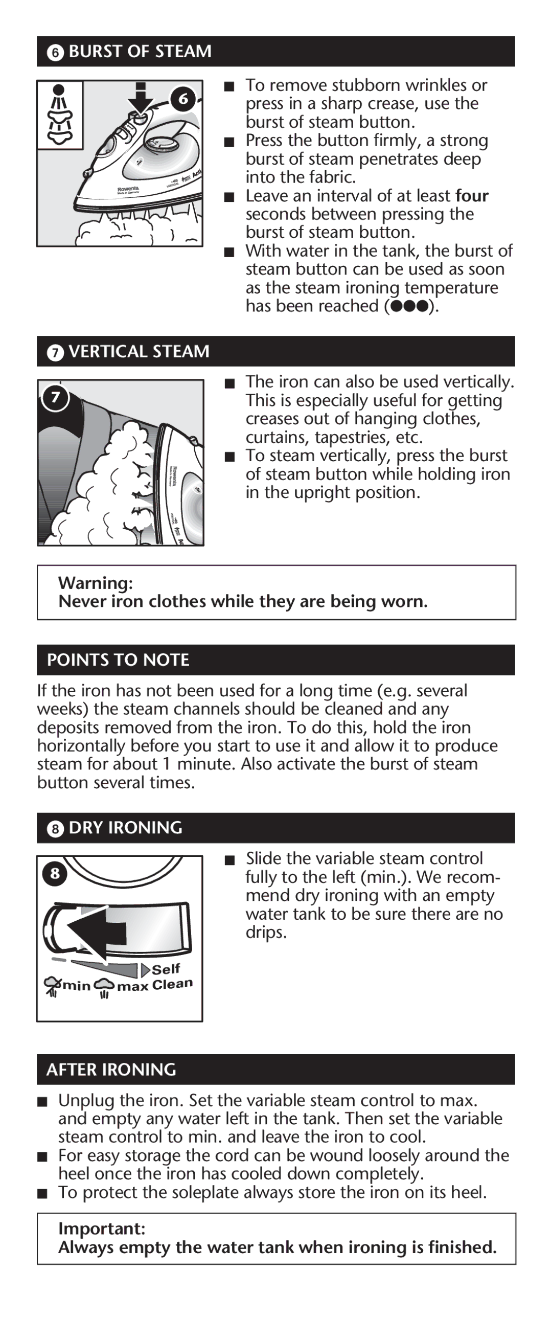 Rowenta 63016 manual Burst of Steam, Vertical Steam, Points to Note, DRY Ironing, After Ironing 