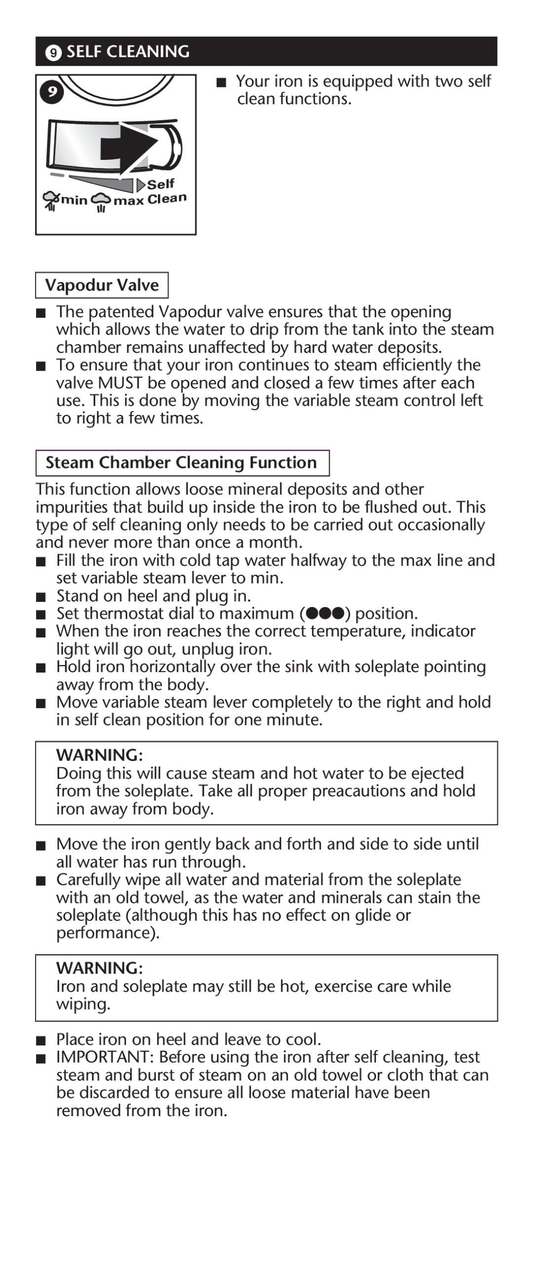 Rowenta 63016 manual Self Cleaning, Vapodur Valve, Steam Chamber Cleaning Function 