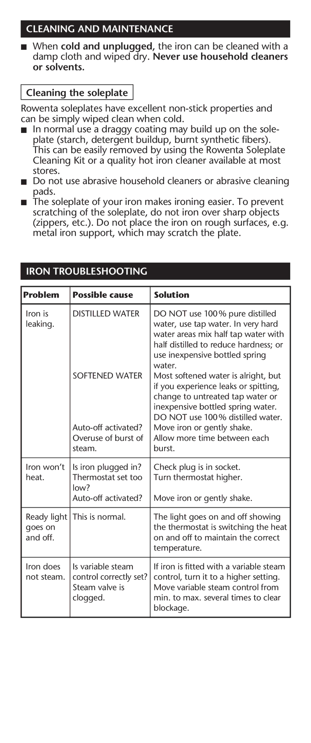 Rowenta 63016 manual Cleaning and Maintenance, Cleaning the soleplate, Iron Troubleshooting 