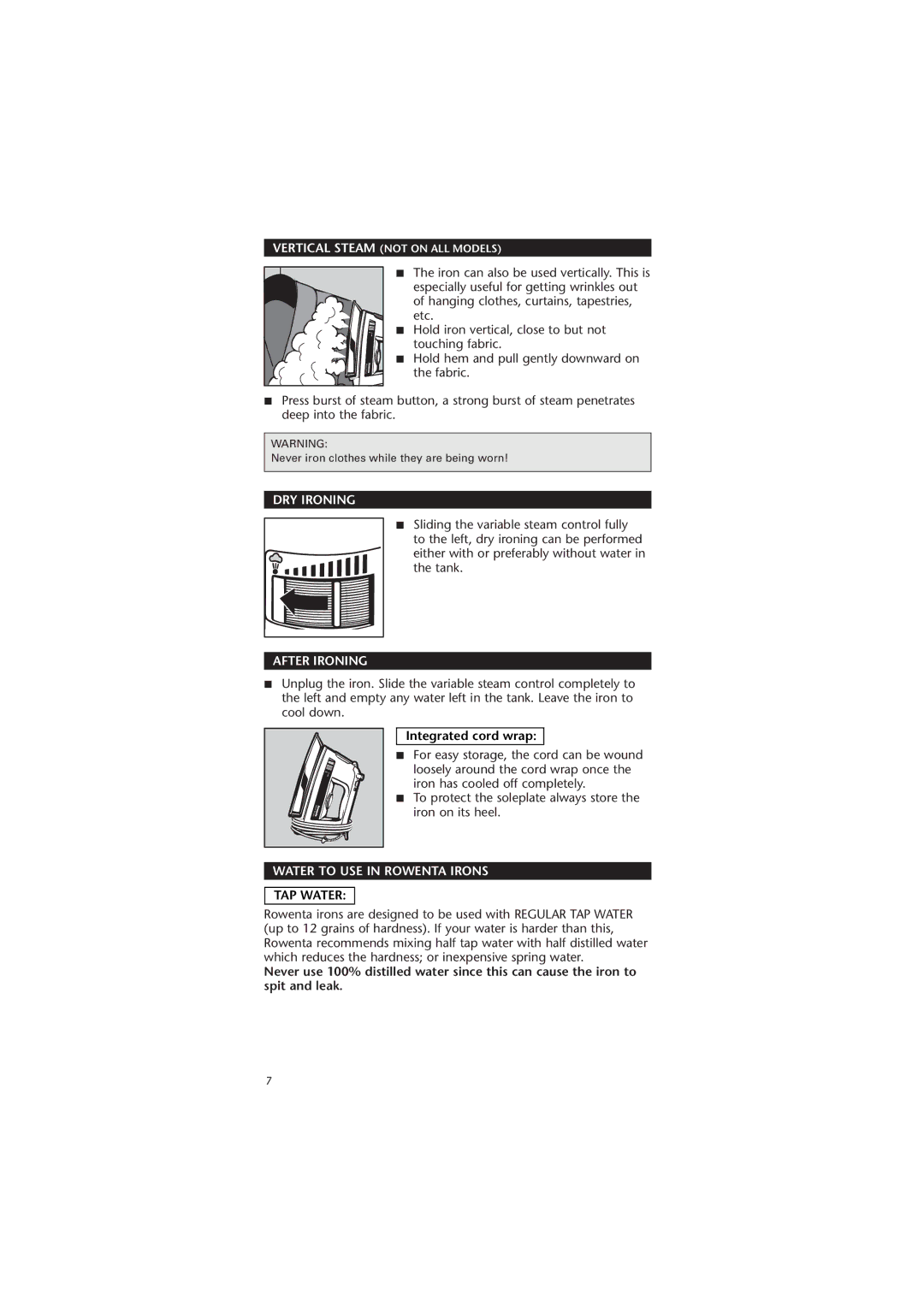 Rowenta DE 873 manual DRY Ironing, After Ironing, Integrated cord wrap, Water to USE in Rowenta Irons, TAP Water 