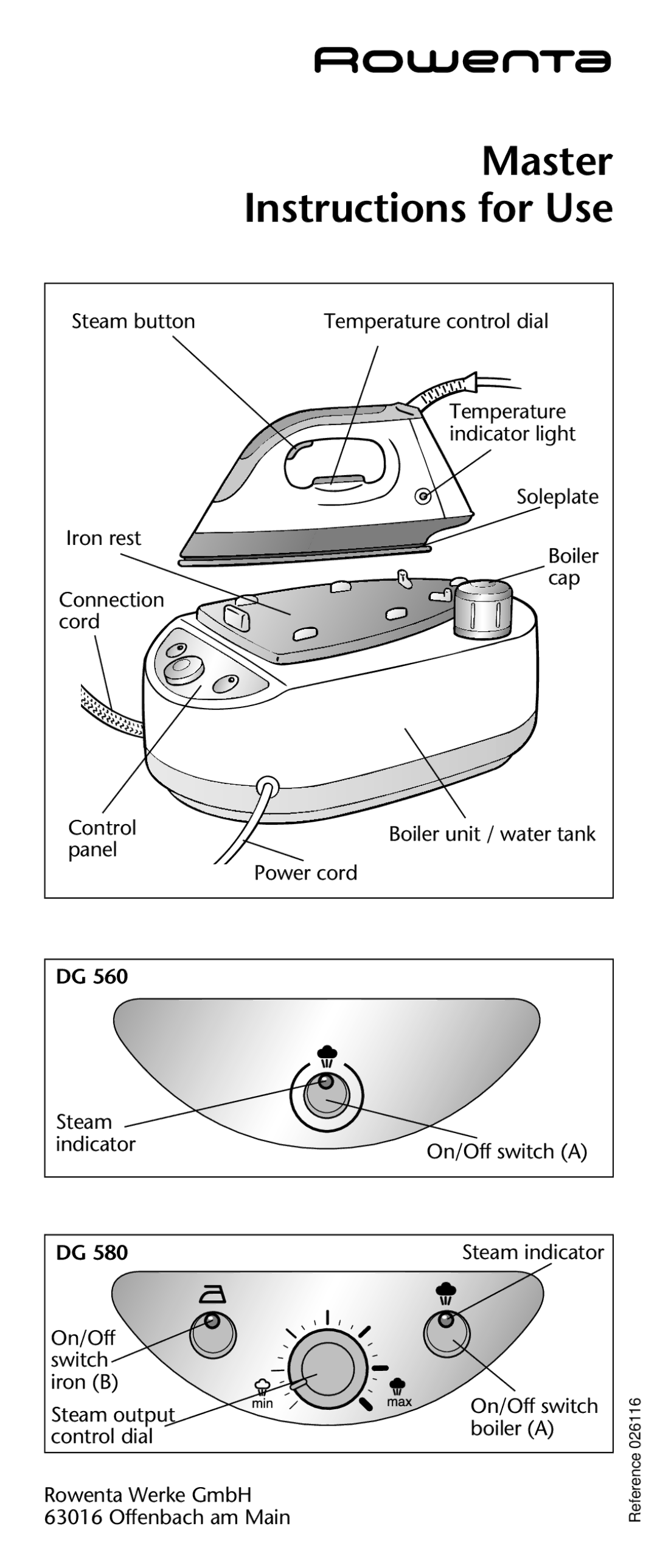 Rowenta DG 560, DG 580 manual Master Instructions for Use 