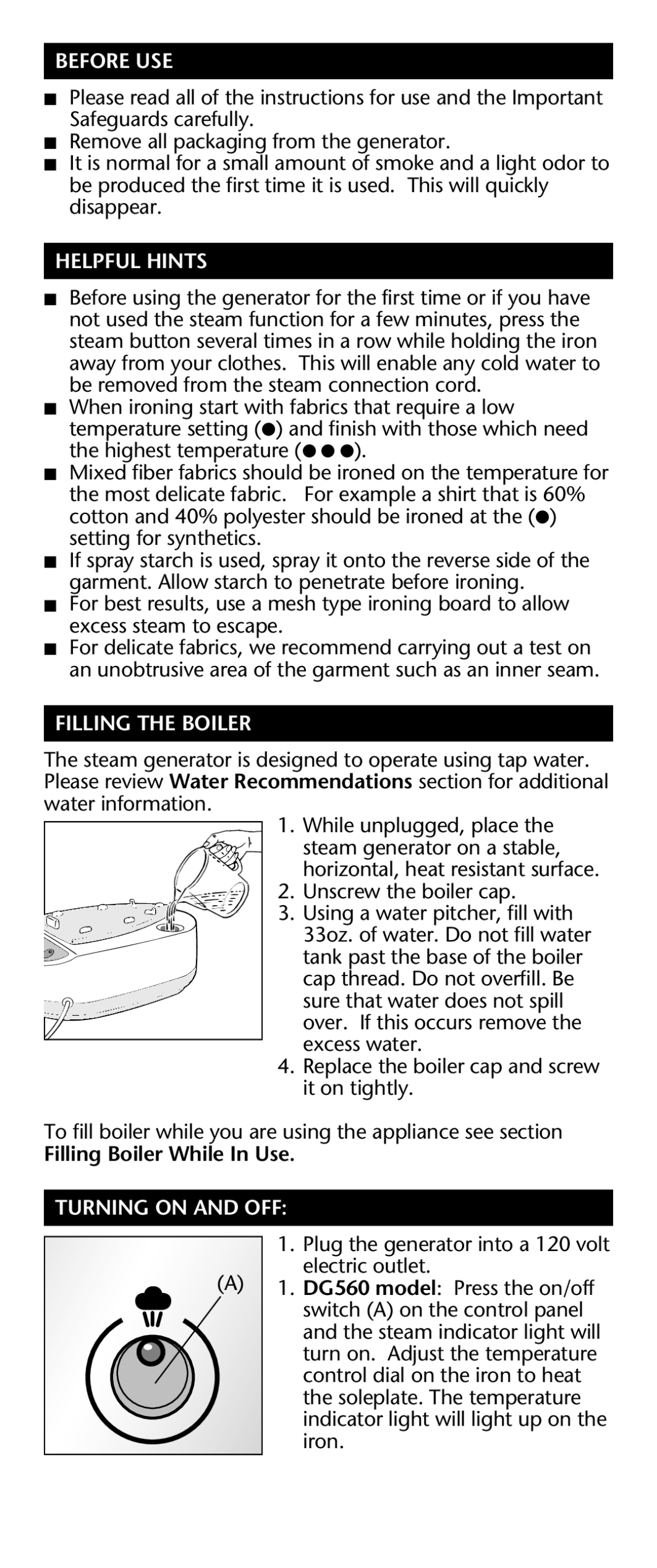 Rowenta DG 560, DG 580 manual Before USE, Helpful Hints, Filling the Boiler, Filling Boiler While In Use, Turning on and OFF 