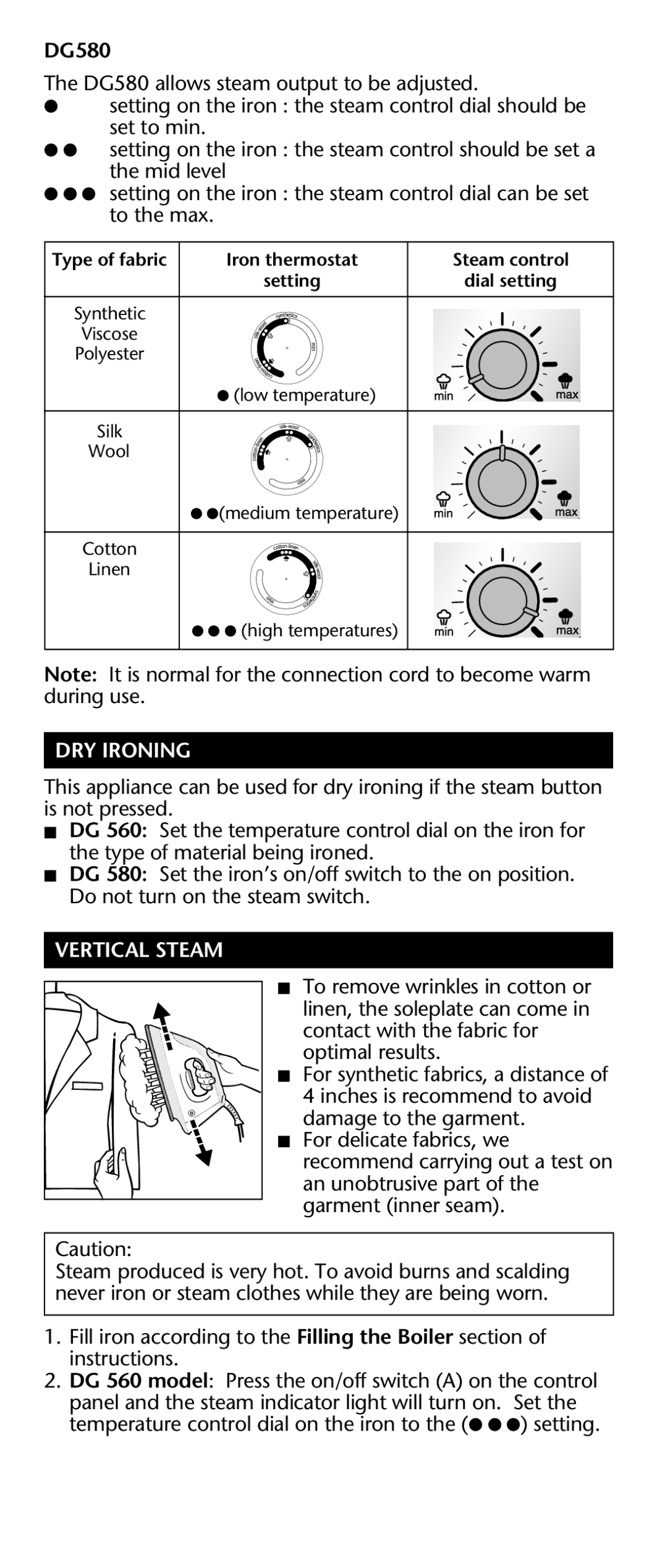 Rowenta DG 560, DG 580 manual DG580, DRY Ironing, Vertical Steam 