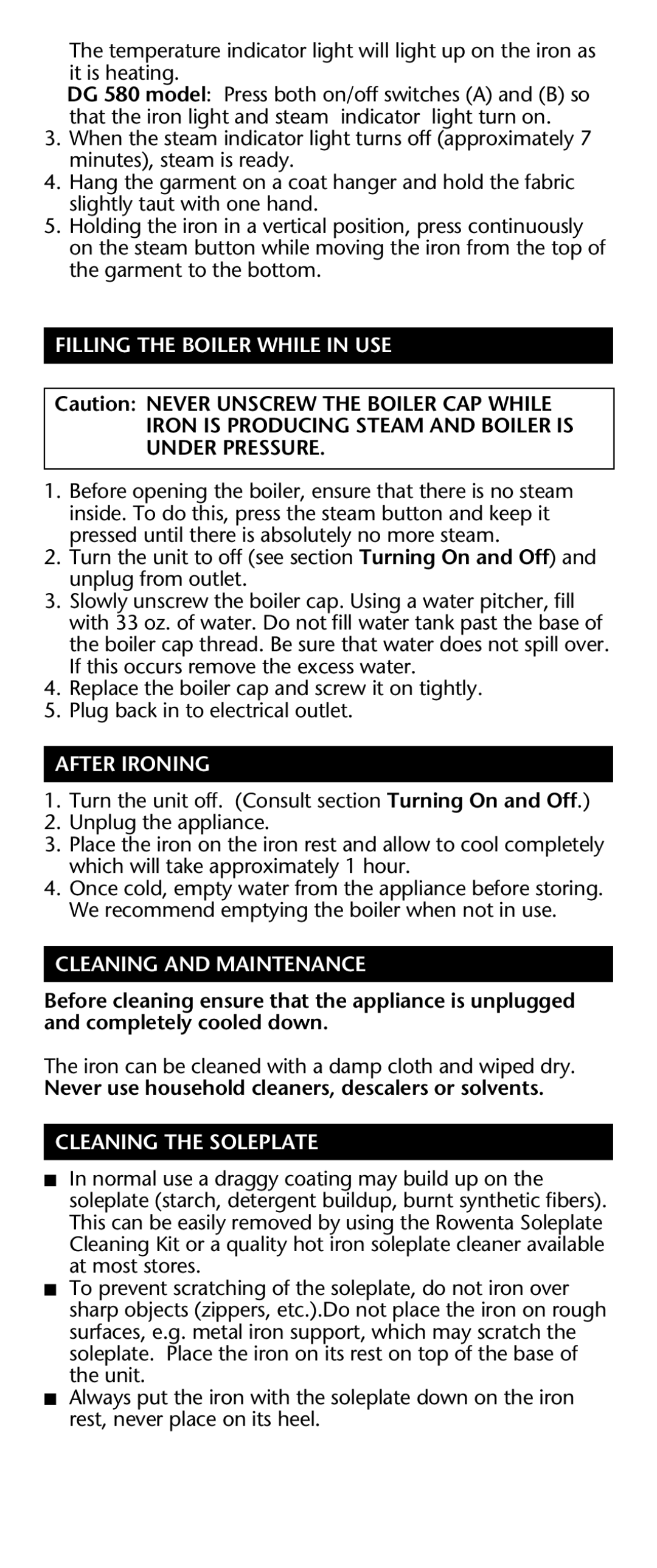 Rowenta DG 580, DG 560 Filling the Boiler While in USE, After Ironing, Cleaning and Maintenance, Cleaning the Soleplate 