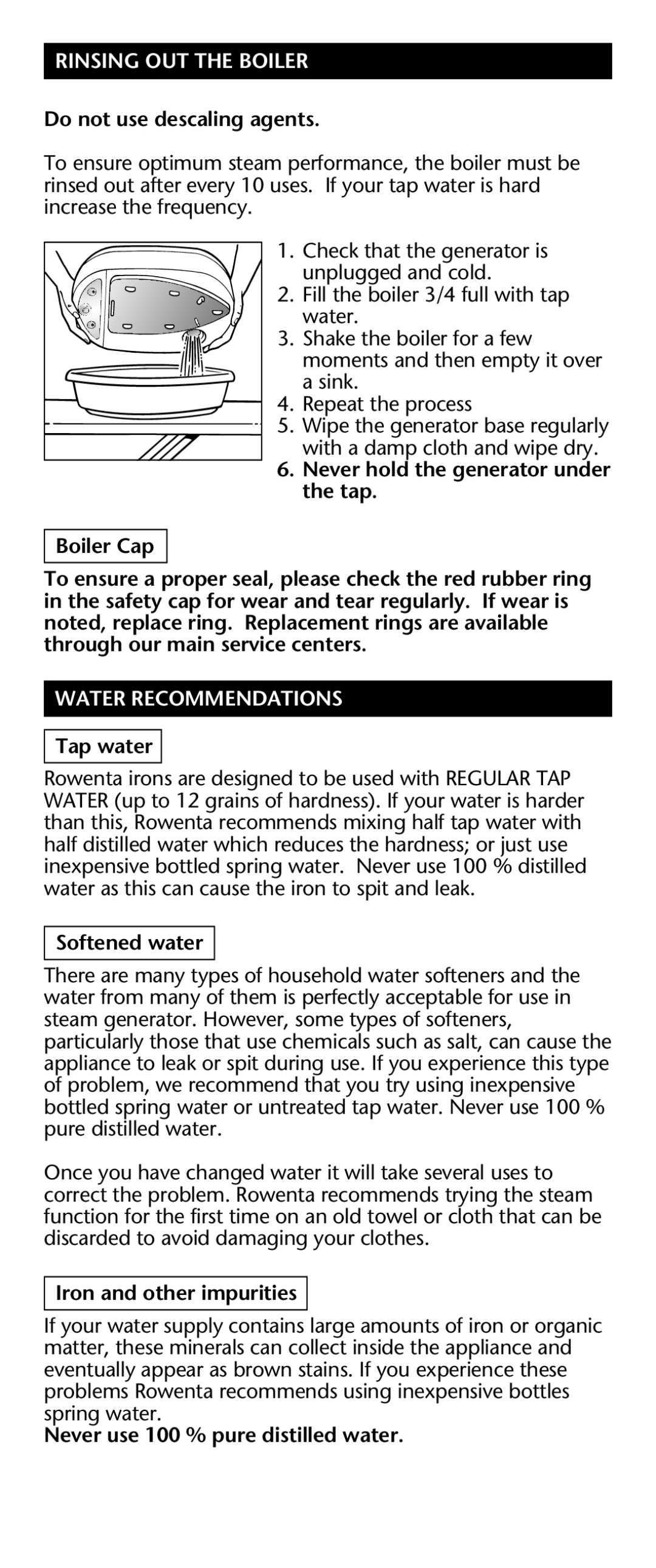 Rowenta DG 560, DG 580 manual Rinsing OUT the Boiler, Water Recommendations 