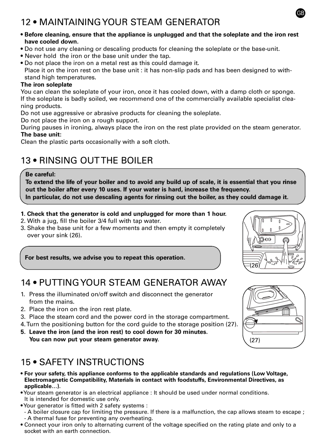 Rowenta DG7160 manual Maintaining Your Steam Generator, Rinsing OUT the Boiler, Putting Your Steam Generator Away 