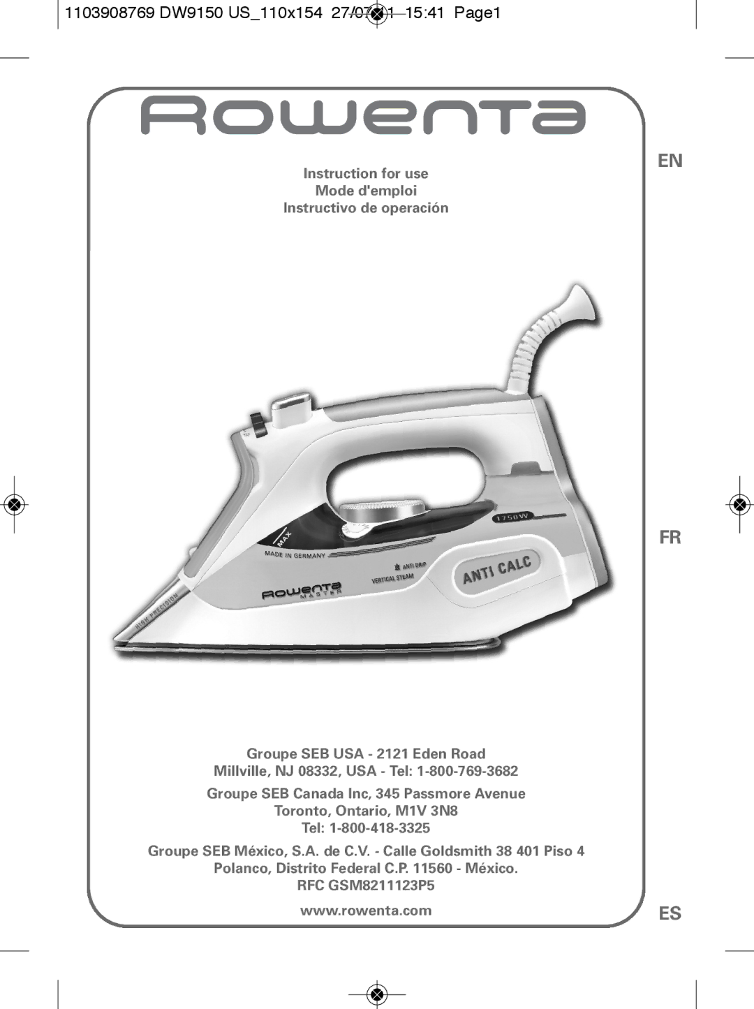 Rowenta manual 1103908769 DW9150 US110x154 27/07/11 1541 Page1 