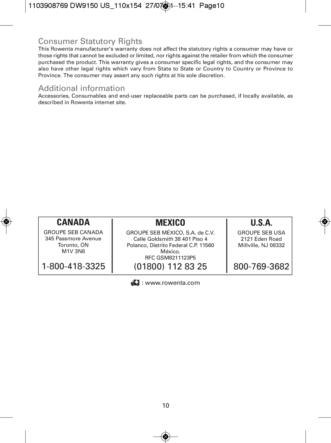 Rowenta manual Consumer Statutory Rights, Additional information, 1103908769 DW9150 US110x154 27/07/11 1541 Page10 