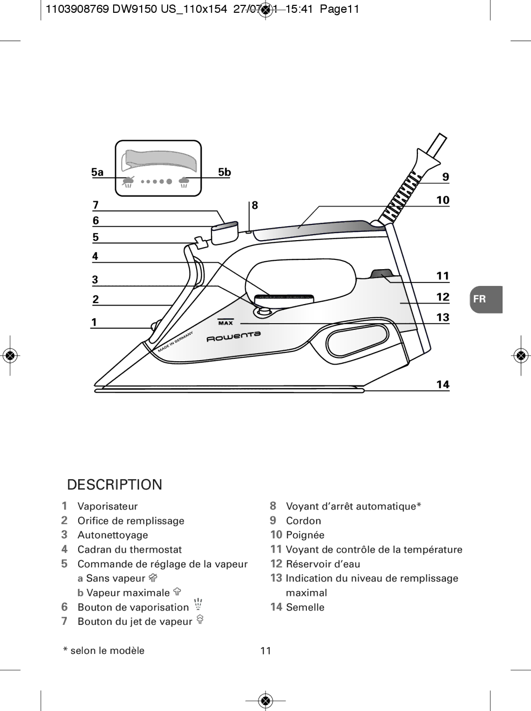 Rowenta manual Description, 1103908769 DW9150 US110x154 27/07/11 1541 Page11 