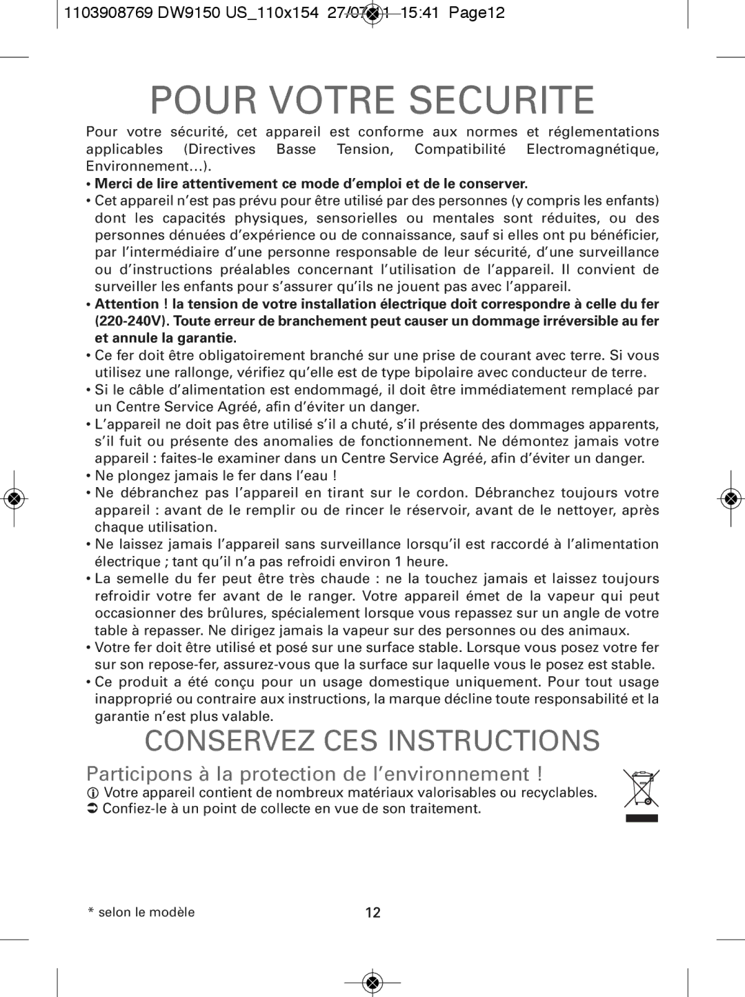 Rowenta manual Participons à la protection de l’environnement, 1103908769 DW9150 US110x154 27/07/11 1541 Page12 