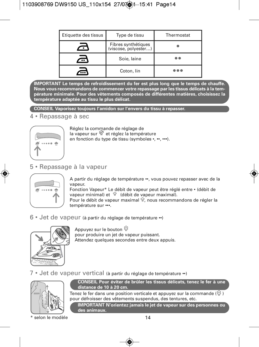 Rowenta manual Repassage à sec, Repassage à la vapeur, 1103908769 DW9150 US110x154 27/07/11 1541 Page14 