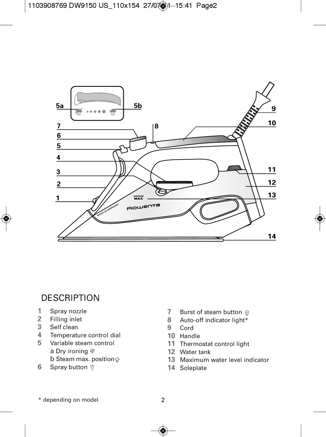 Rowenta manual Description, 1103908769 DW9150 US110x154 27/07/11 1541 Page2 