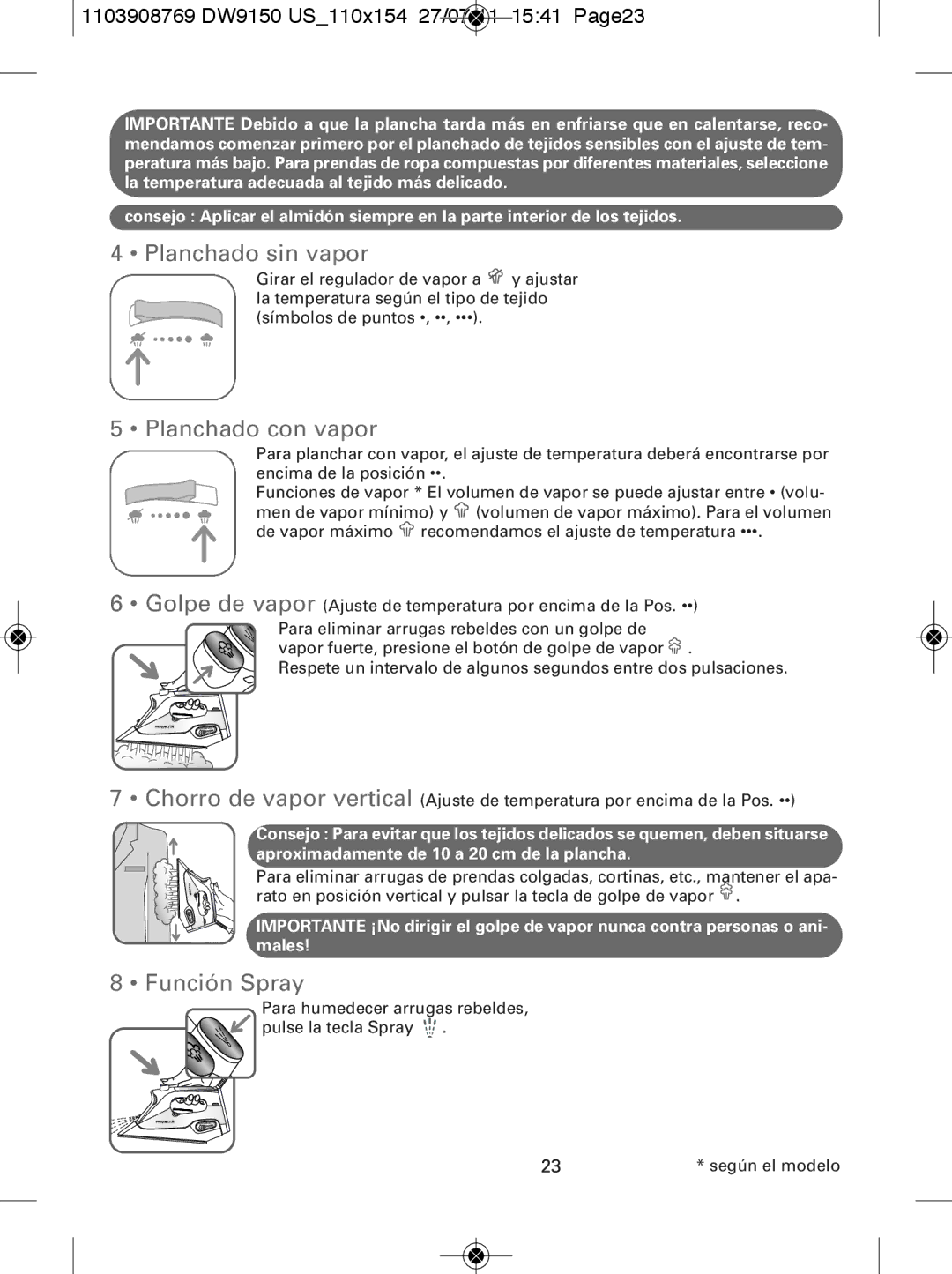 Rowenta manual Planchado sin vapor, Planchado con vapor, Función Spray, 1103908769 DW9150 US110x154 27/07/11 1541 Page23 