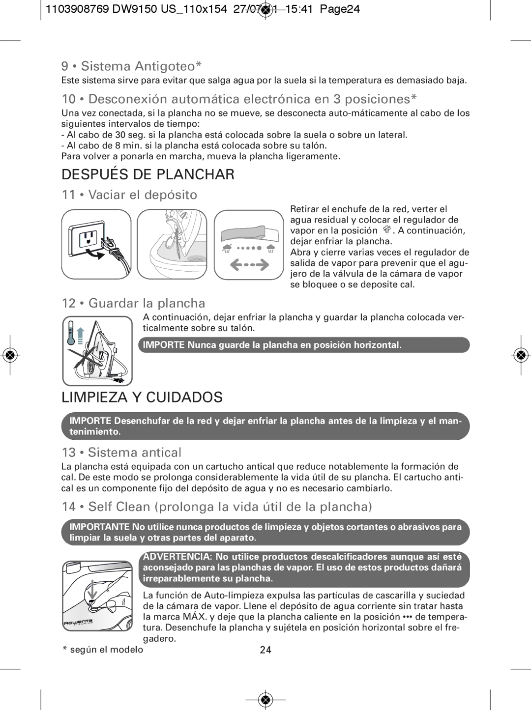 Rowenta DW9150 manual Después DE Planchar, Limpieza Y Cuidados 