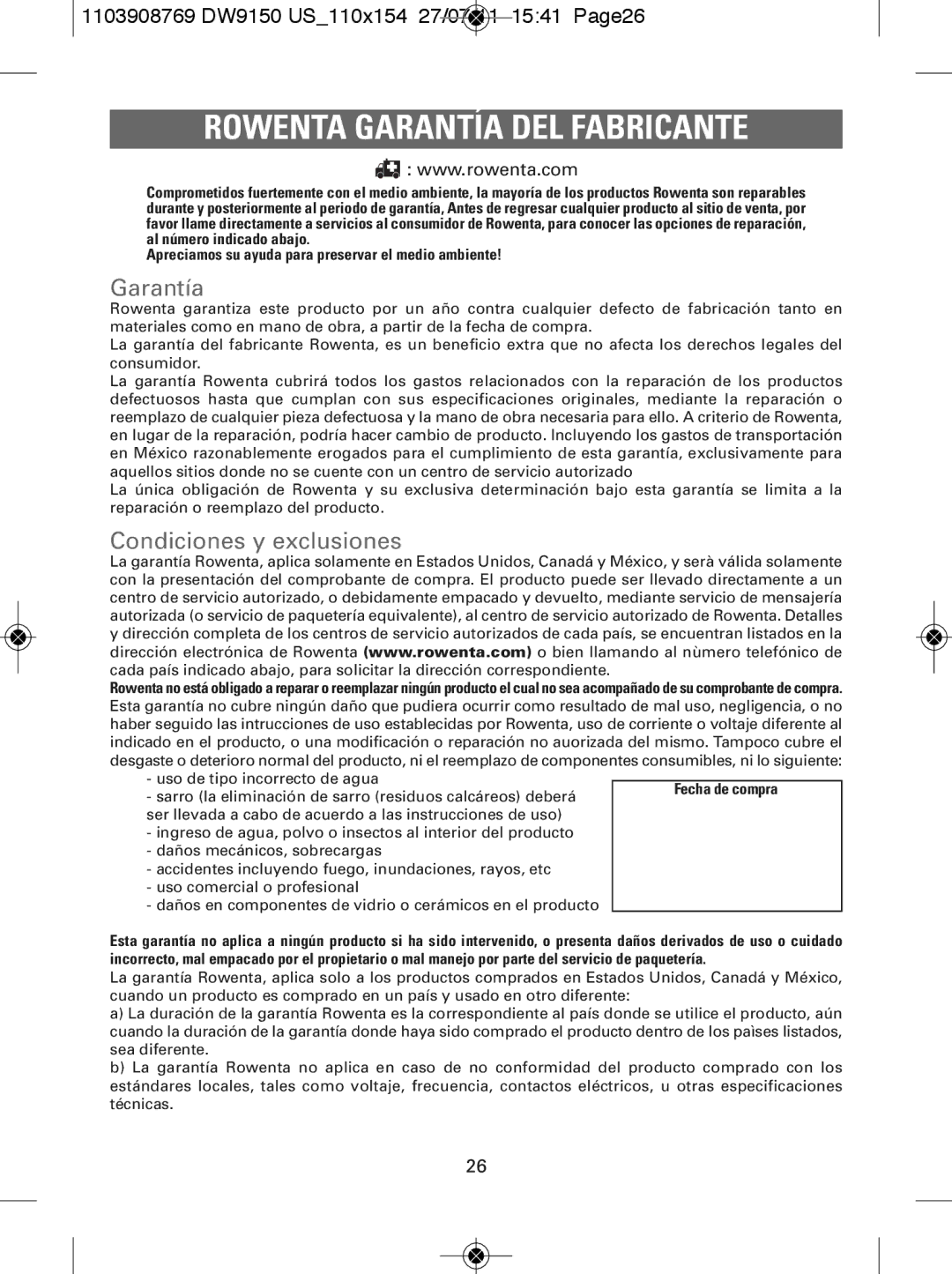 Rowenta manual Garantía, Condiciones y exclusiones, 1103908769 DW9150 US110x154 27/07/11 1541 Page26 