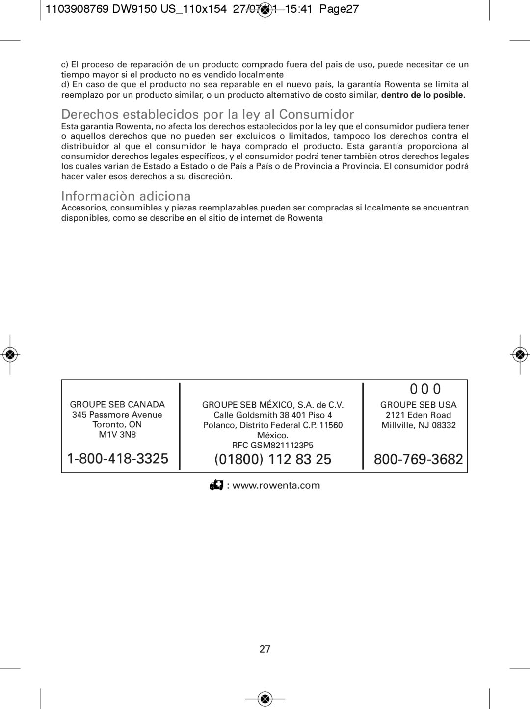 Rowenta DW9150 manual Derechos establecidos por la ley al Consumidor, Informaciòn adiciona 