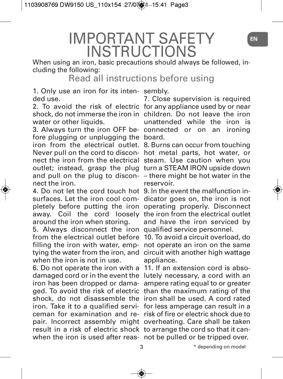 Rowenta manual Important Safety Instructions, 1103908769 DW9150 US110x154 27/07/11 1541 Page3 