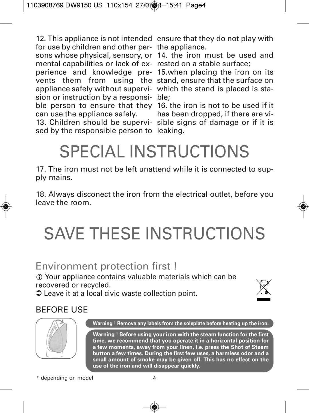 Rowenta manual Before USE, 1103908769 DW9150 US110x154 27/07/11 1541 Page4 