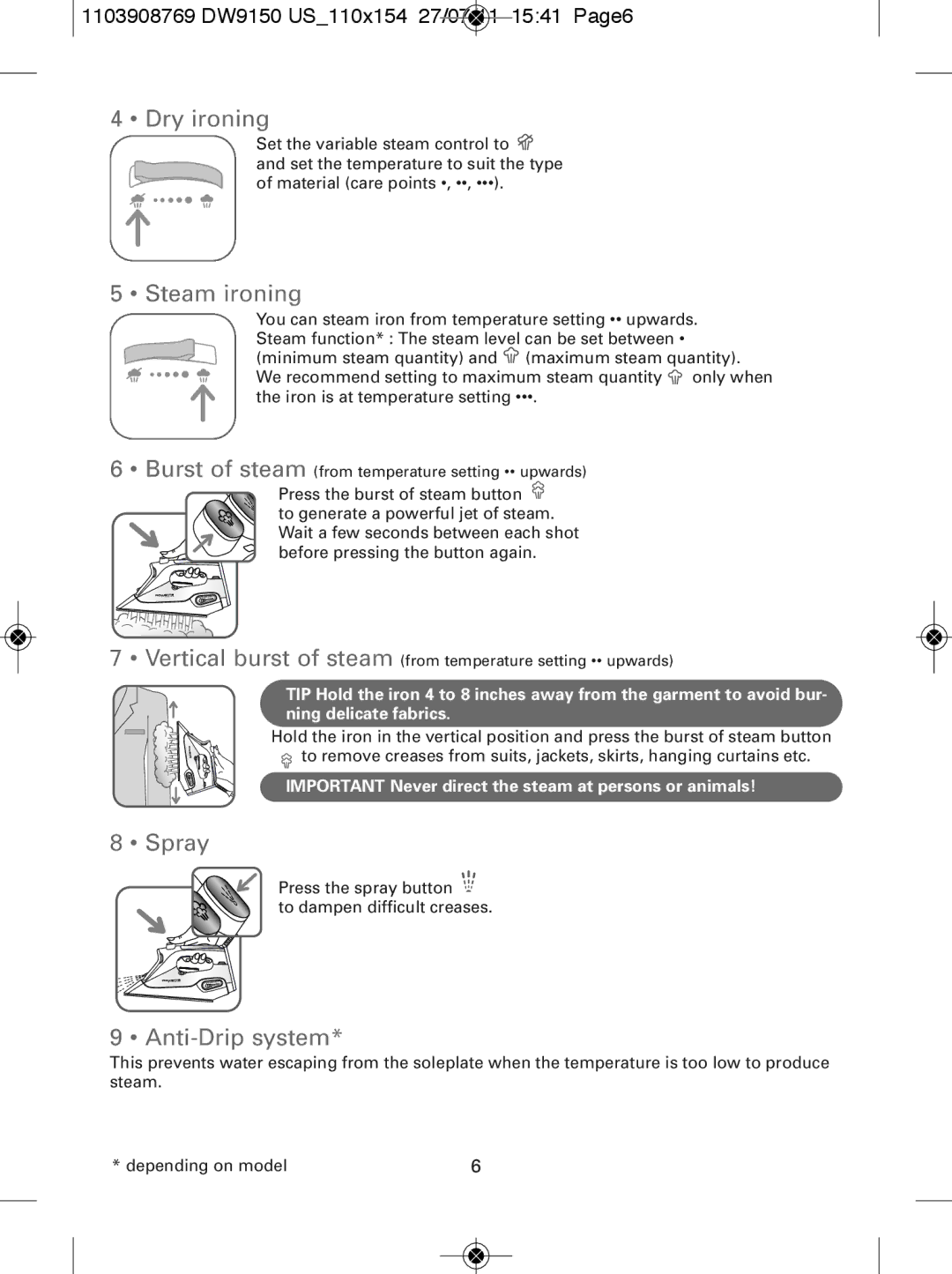 Rowenta manual Dry ironing, Steam ironing, Spray, Anti-Drip system, 1103908769 DW9150 US110x154 27/07/11 1541 Page6 