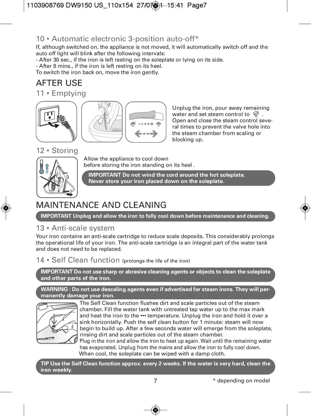 Rowenta DW9150 manual After USE, Maintenance and Cleaning 