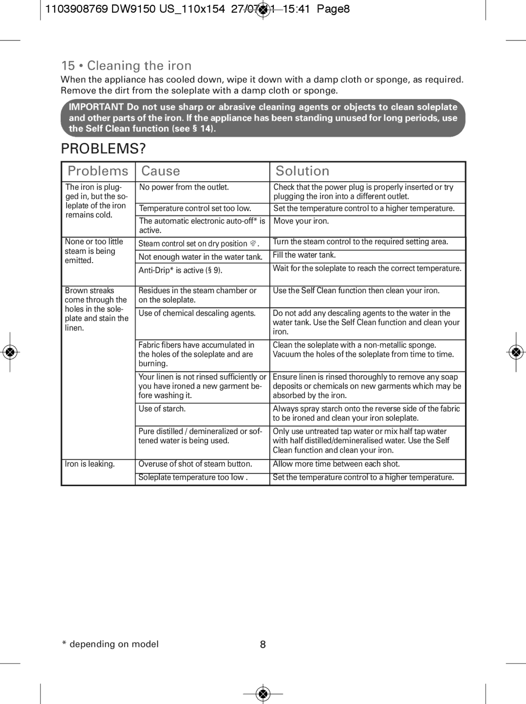 Rowenta manual Problems?, Problems Cause Solution, Cleaning the iron, 1103908769 DW9150 US110x154 27/07/11 1541 Page8 