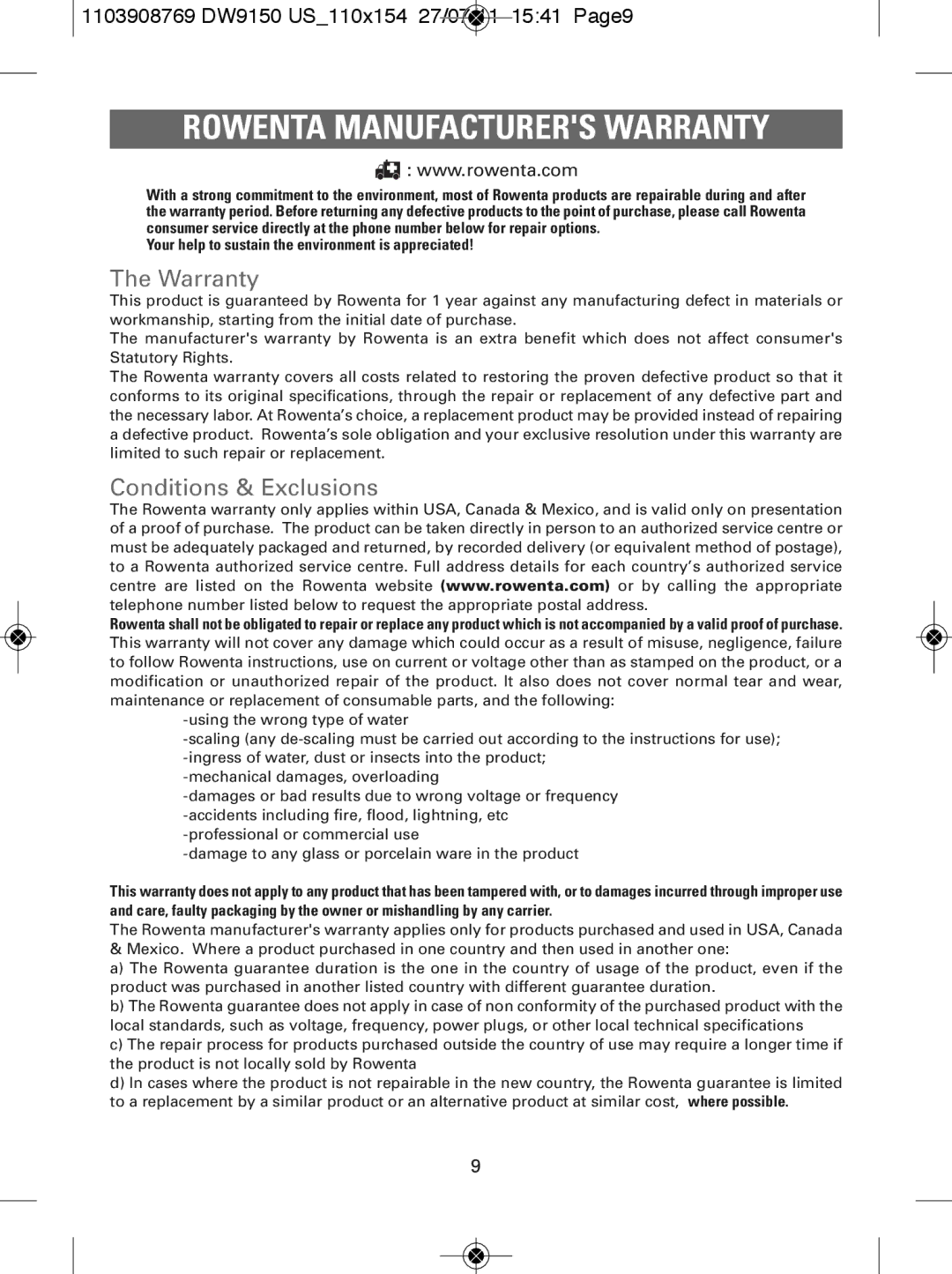 Rowenta manual Warranty, Conditions & Exclusions, 1103908769 DW9150 US110x154 27/07/11 1541 Page9 