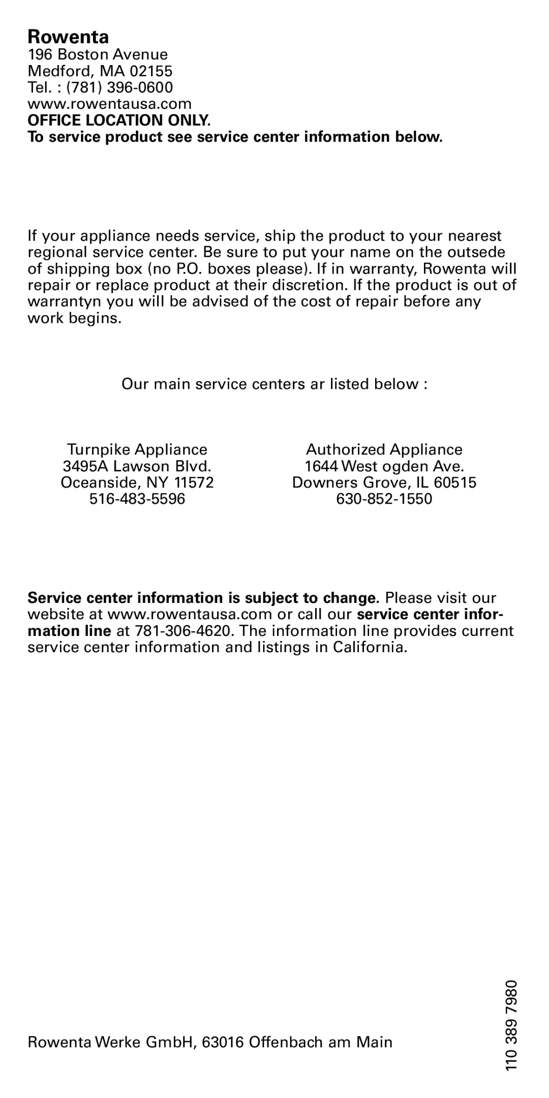 Rowenta DX1900 manual Rowenta, To service product see service center information below 