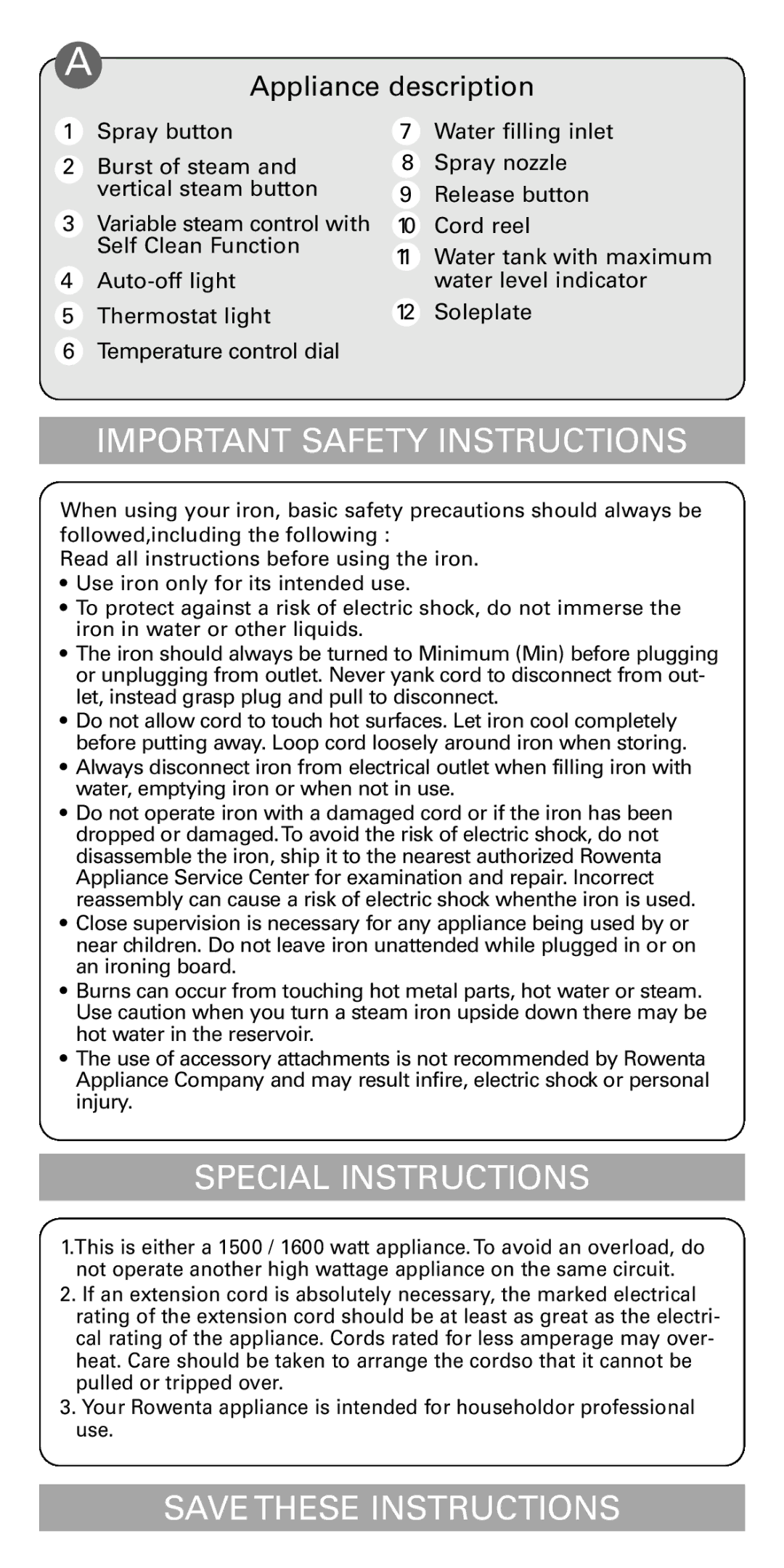 Rowenta DX1900 manual Important Safety Instructions 