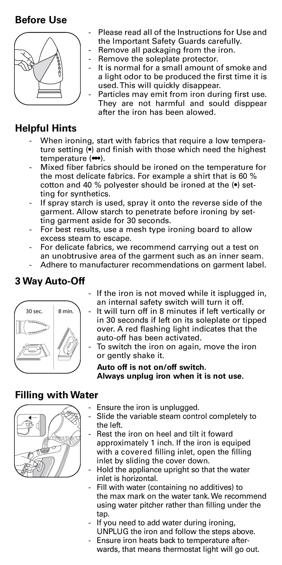 Rowenta DX1900 manual Before Use, Helpful Hints, Way Auto-Off, Filling with Water 