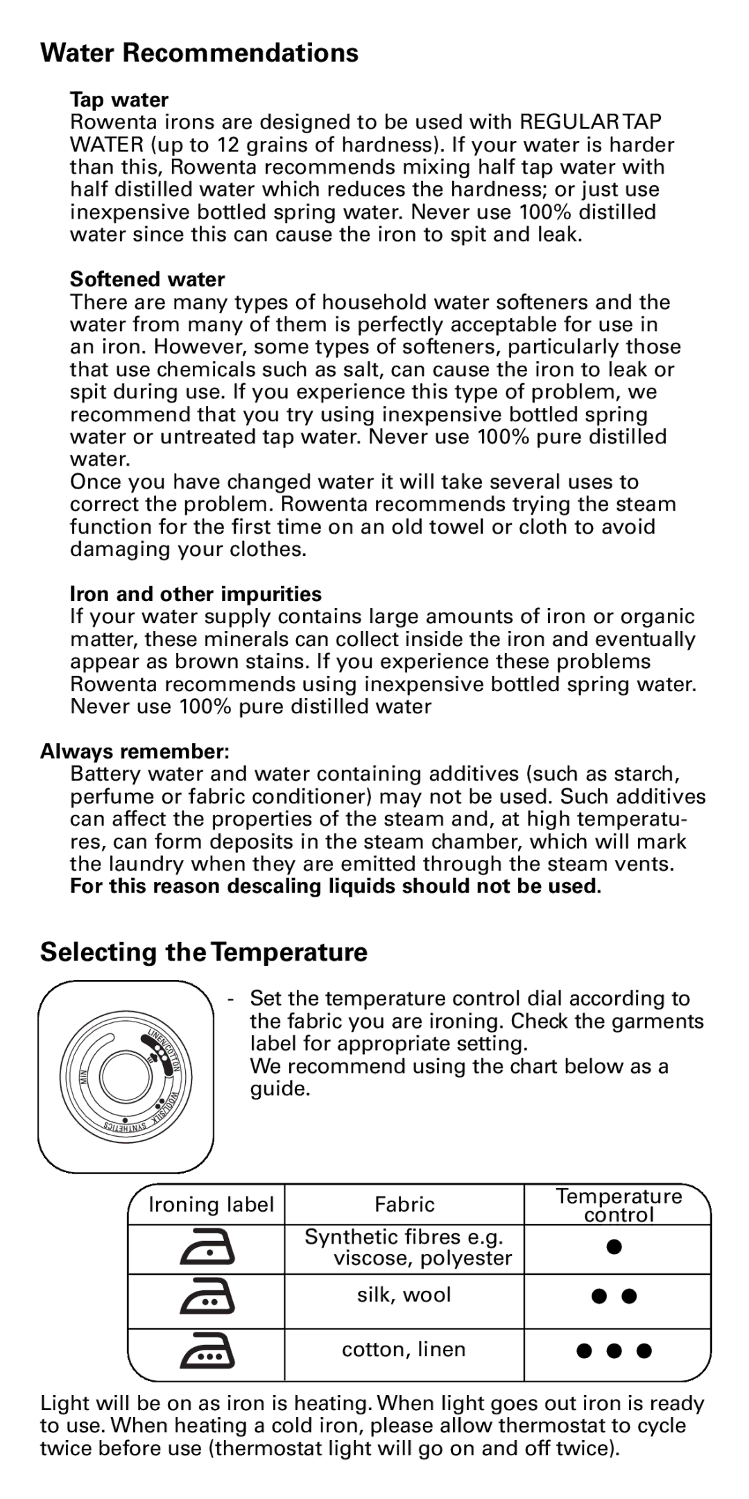 Rowenta DX1900 manual Water Recommendations, Selecting the Temperature 