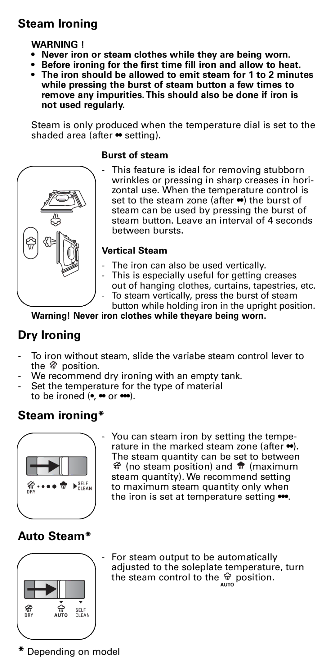 Rowenta DX1900 manual Steam Ironing, Dry Ironing, Auto Steam, Burst of steam, Vertical Steam 