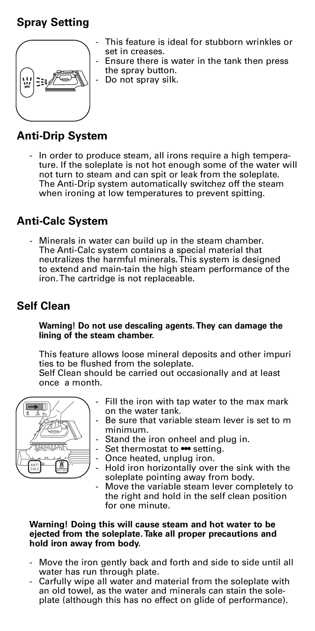 Rowenta DX1900 manual Spray Setting, Anti-Drip System, Anti-Calc System, Self Clean 