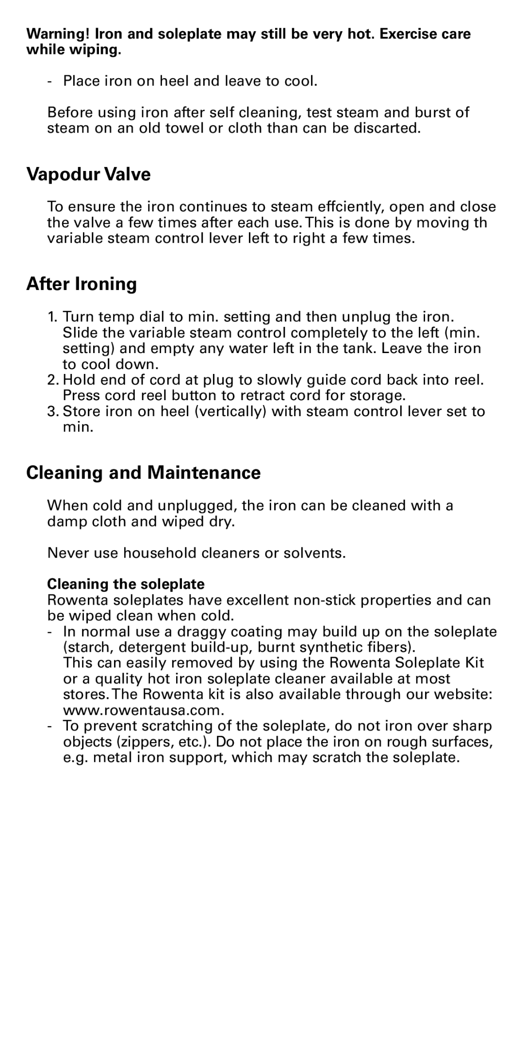 Rowenta DX1900 manual Vapodur Valve, After Ironing, Cleaning and Maintenance, Cleaning the soleplate 