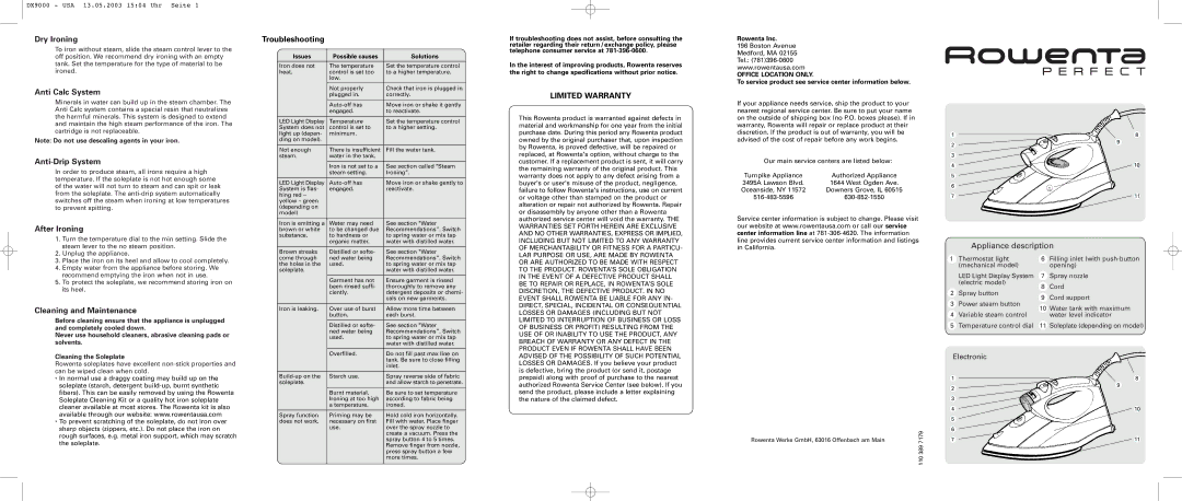 Rowenta DX9000 warranty Dry Ironing, Anti Calc System, Anti-Drip System, After Ironing, Cleaning and Maintenance 
