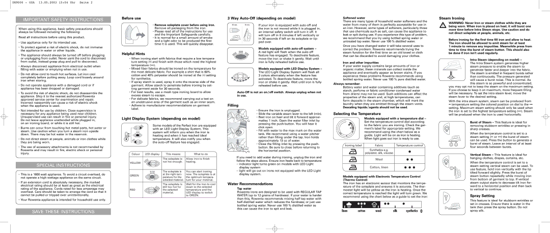 Rowenta DX9000 warranty Before use, Helpful Hints, Light Display System depending on model, Way Auto-Off depending on model 