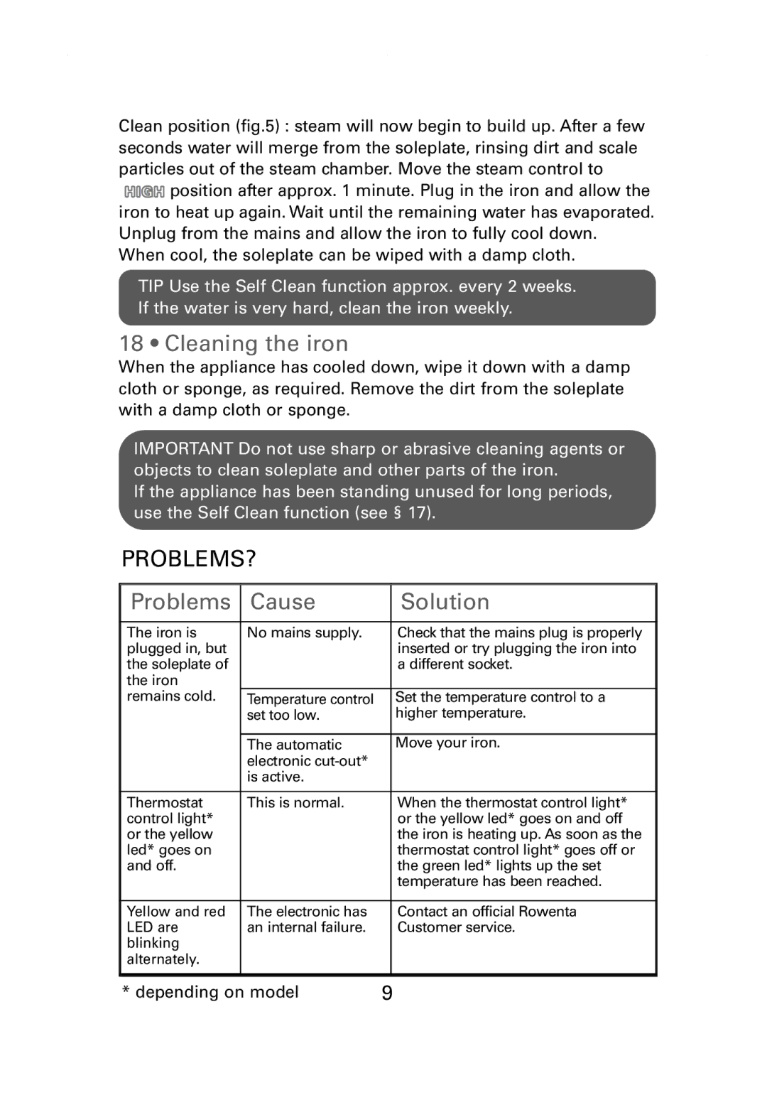 Rowenta DZ9030 manual Cleaning the iron, Problems?, Problems Cause Solution 
