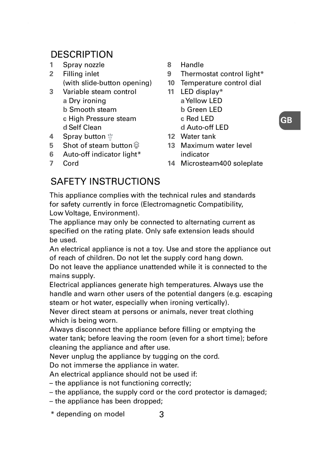 Rowenta DZ9030 manual Description, Safety Instructions 