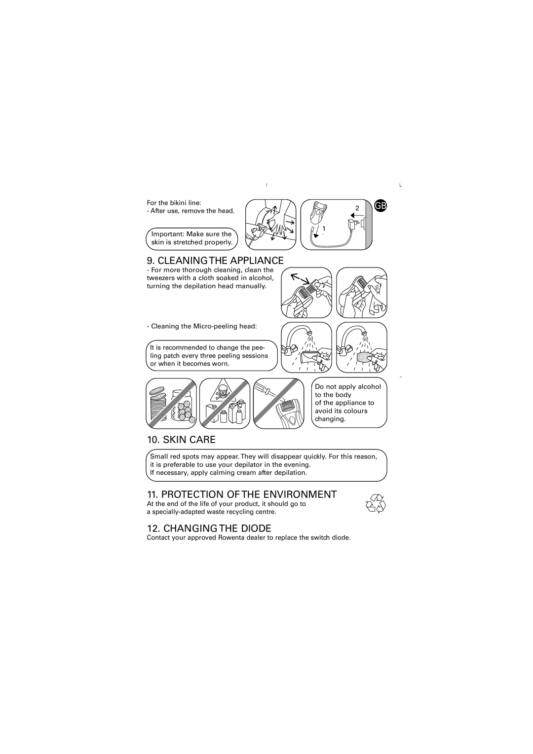 Rowenta EP8550 manual Cleaning the Appliance, Skin Care, Protection of the Environment, Changing the Diode 