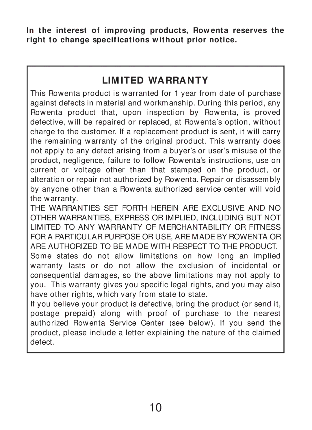 Rowenta GARMENT STEAMER manual Limited Warranty 