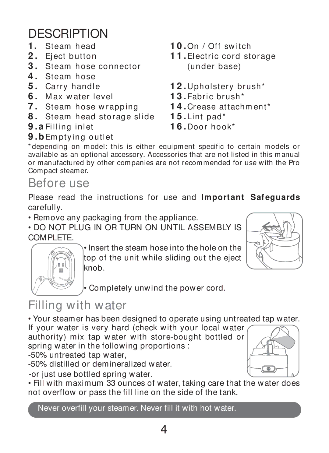 Rowenta GARMENT STEAMER manual Before use, Filling with water 