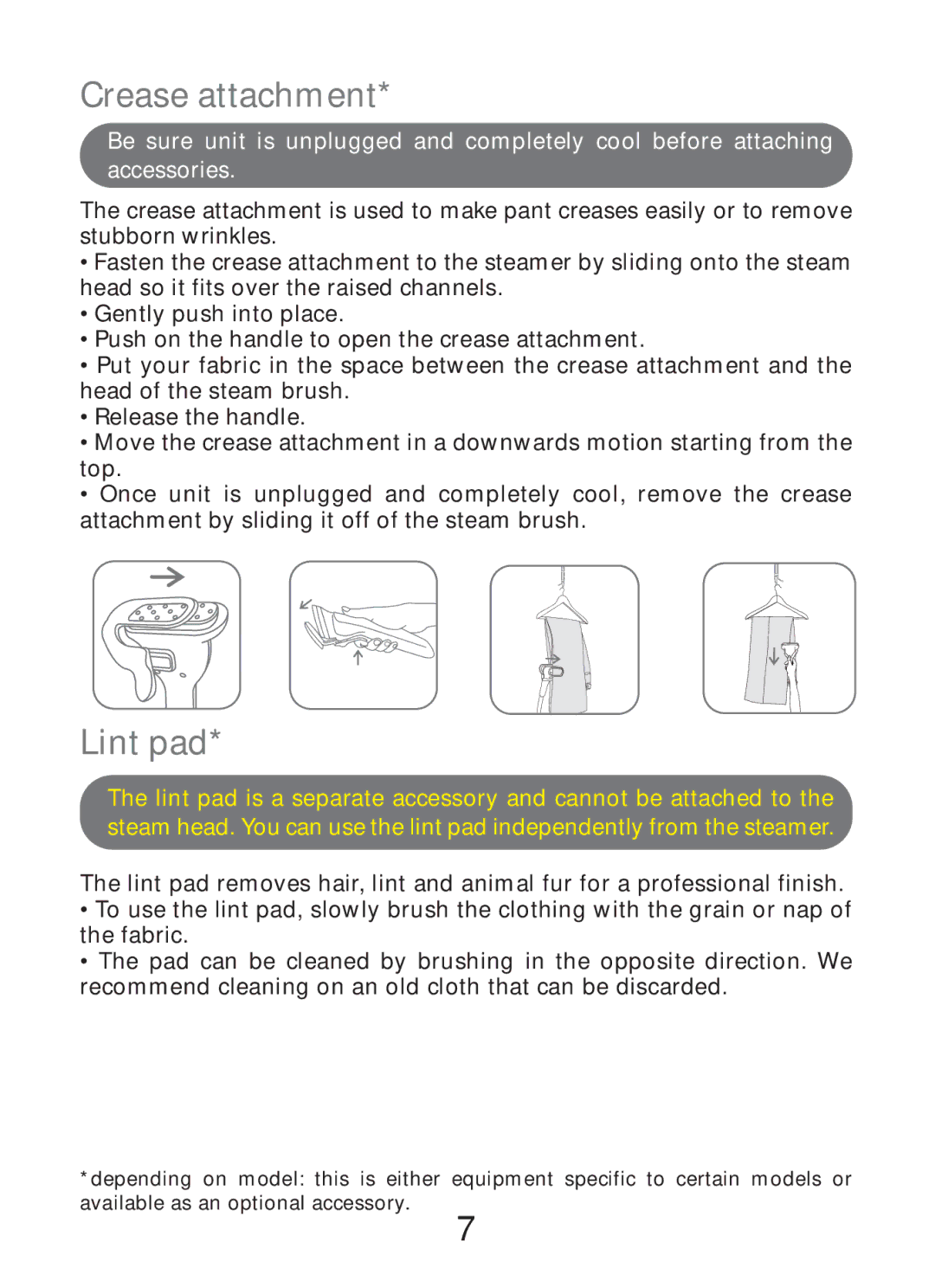 Rowenta GARMENT STEAMER manual Crease attachment, Lint pad 