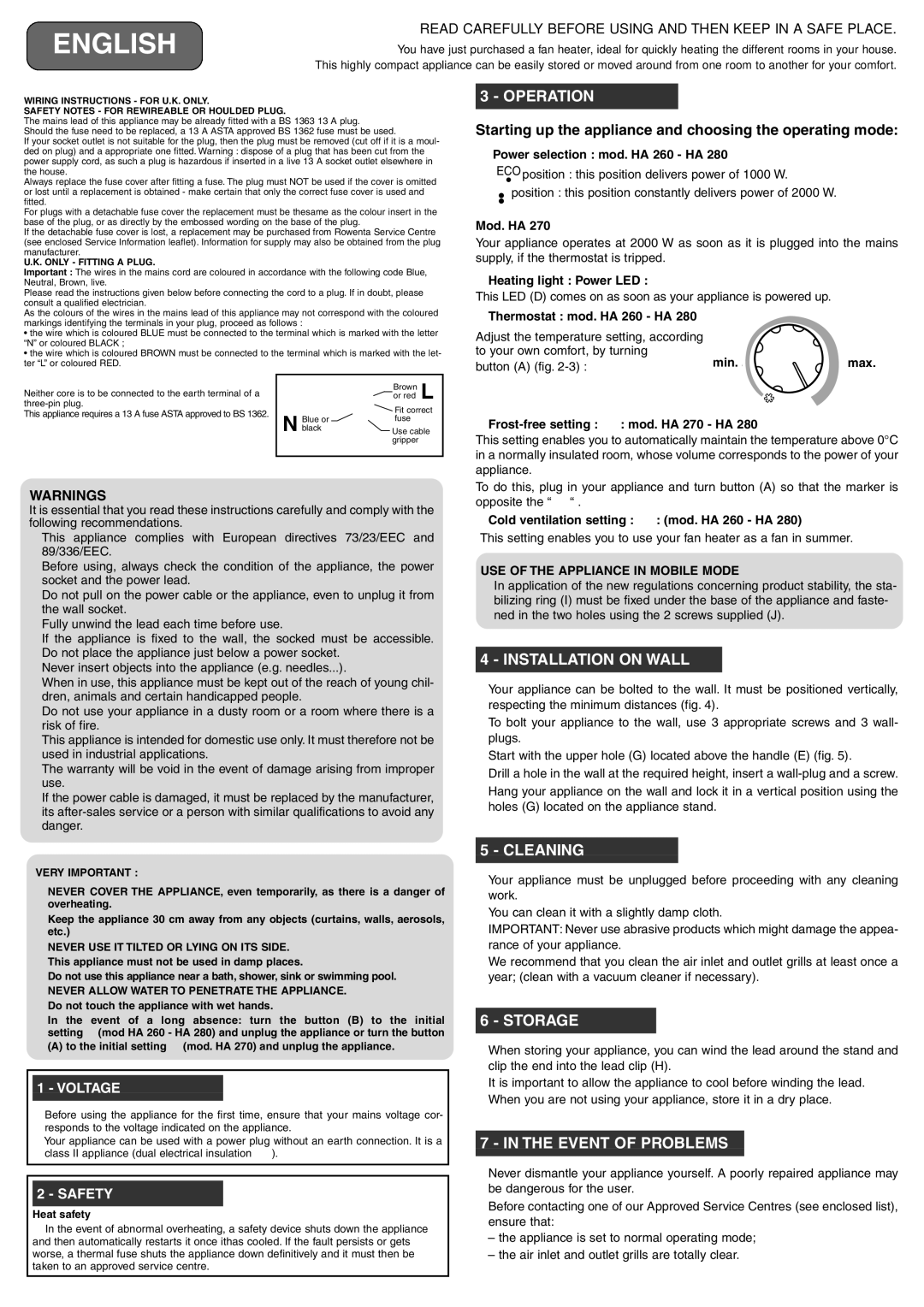 Rowenta HA 280, HA 270 Power selection mod. HA 260 HA, Mod. HA, Heating light Power LED, Thermostat mod. HA 260 HA, Min 