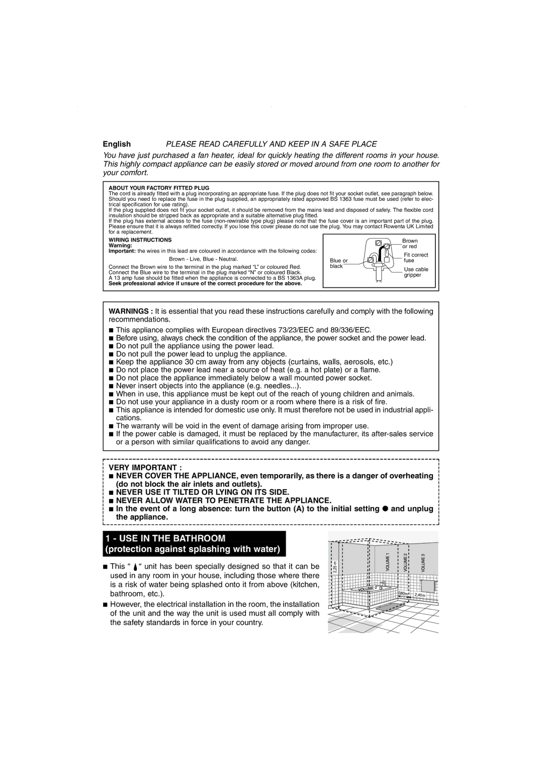 Rowenta HA 425, HA 475, HA 435 manual USE in the Bathroom, Very Important 