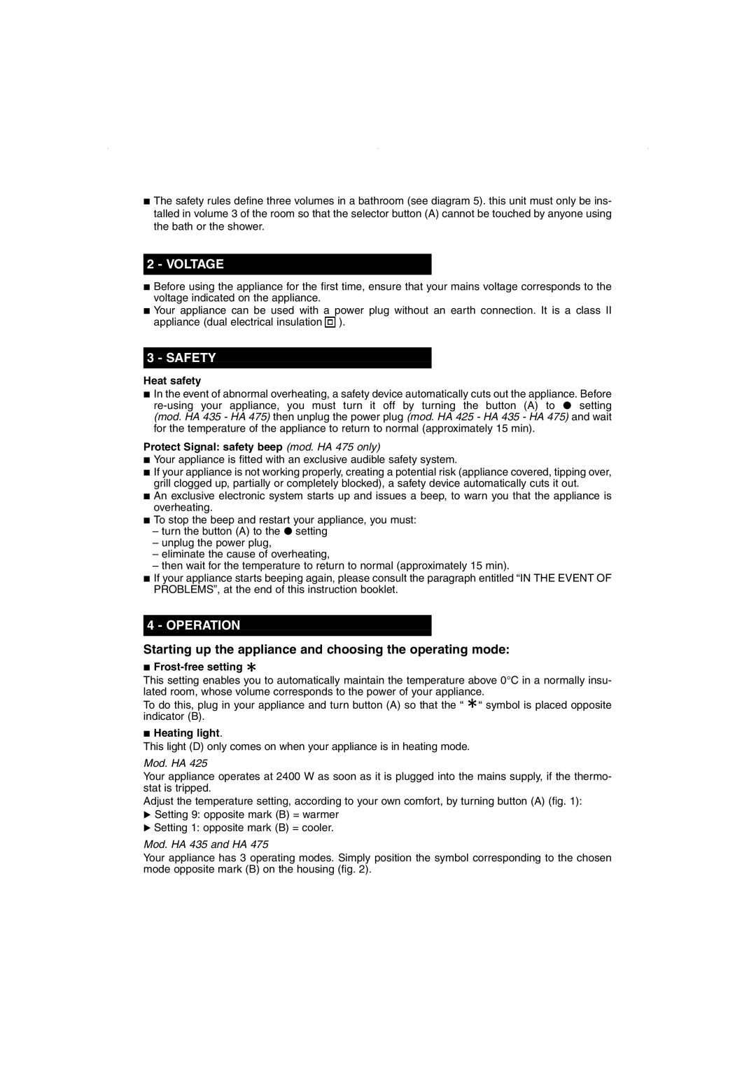 Rowenta HA 475, HA 425, HA 435 manual Voltage, Safety, Operation, Starting up the appliance and choosing the operating mode 