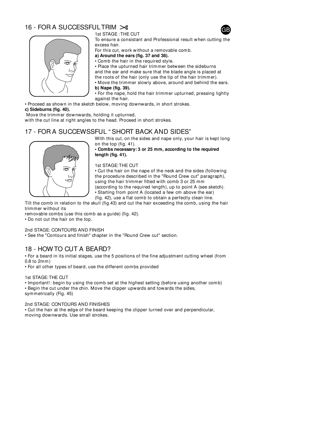 Rowenta HC 190 manual For a Succewssful Short Back and Sides, HOW to CUT a BEARD?, Sideburns fig 