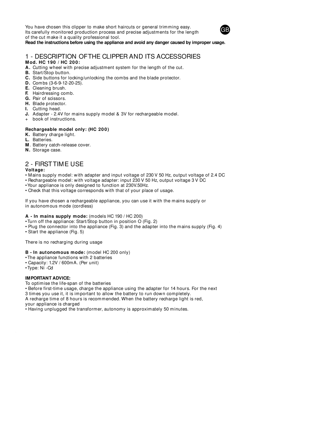 Rowenta HC 190 manual Description of the Clipper and ITS Accessories, First Time USE 